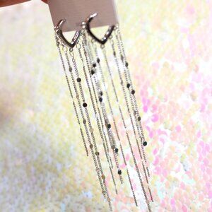 Sterling Silver Long Heart Tassel Fringe Sparkling Chandelier Earrings